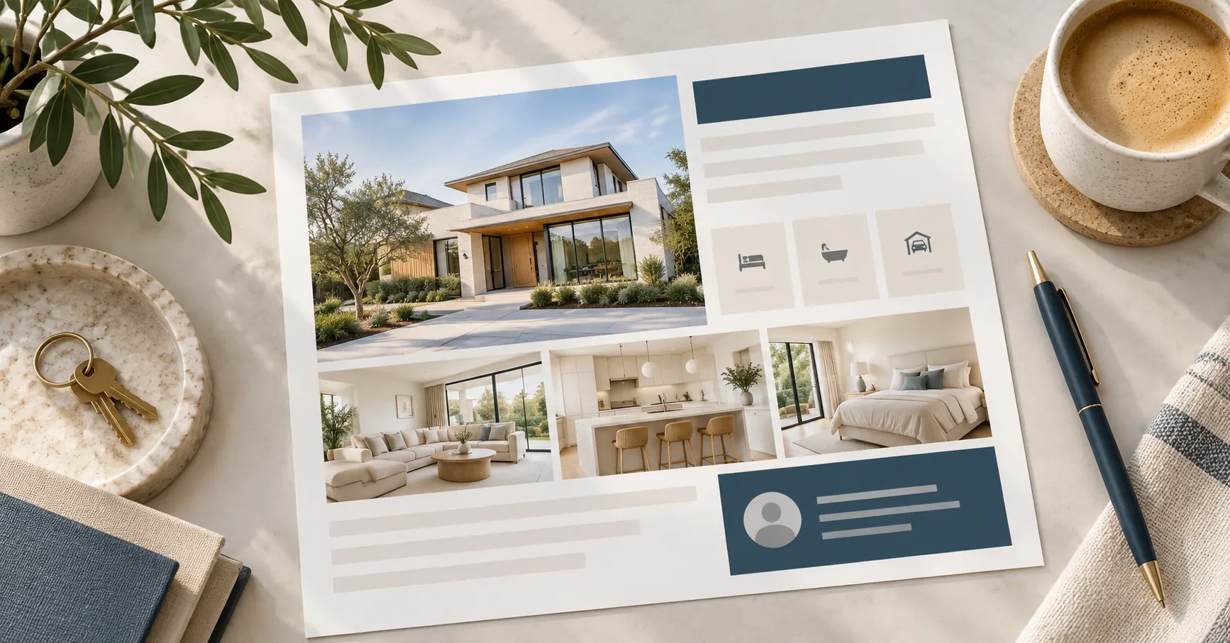 A just listed flyer layout with a home photo, property details and a clear contact area
