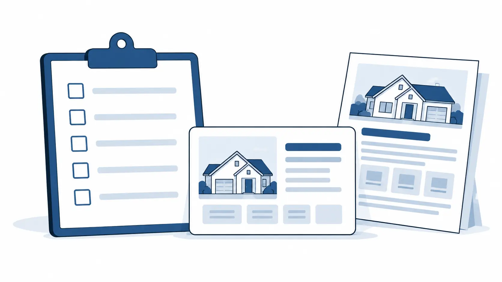 A blank listing checklist sits beside a property information card and a print sheet.